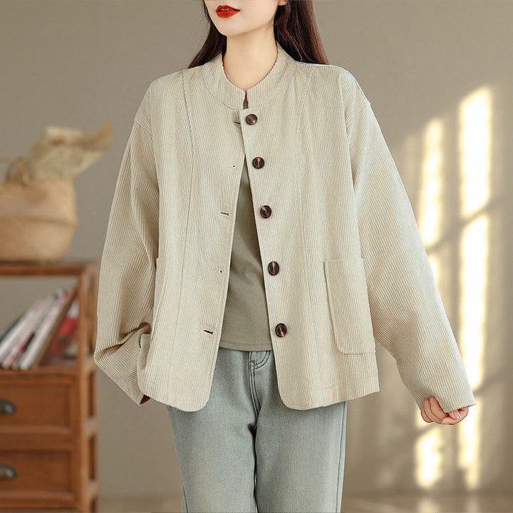 Chaqueta de pana de manga larga para mujer con diseño de botones y Buddha Stones y bolsillos - image 1