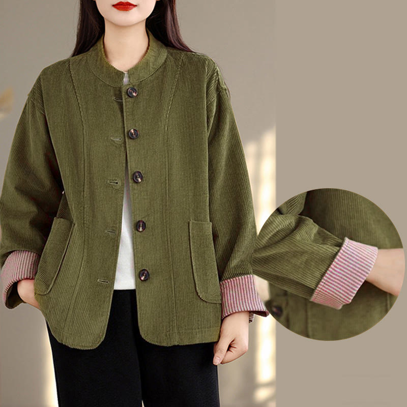 Chaqueta de pana de manga larga para mujer con diseño de botones y Buddha Stones y bolsillos - image 12