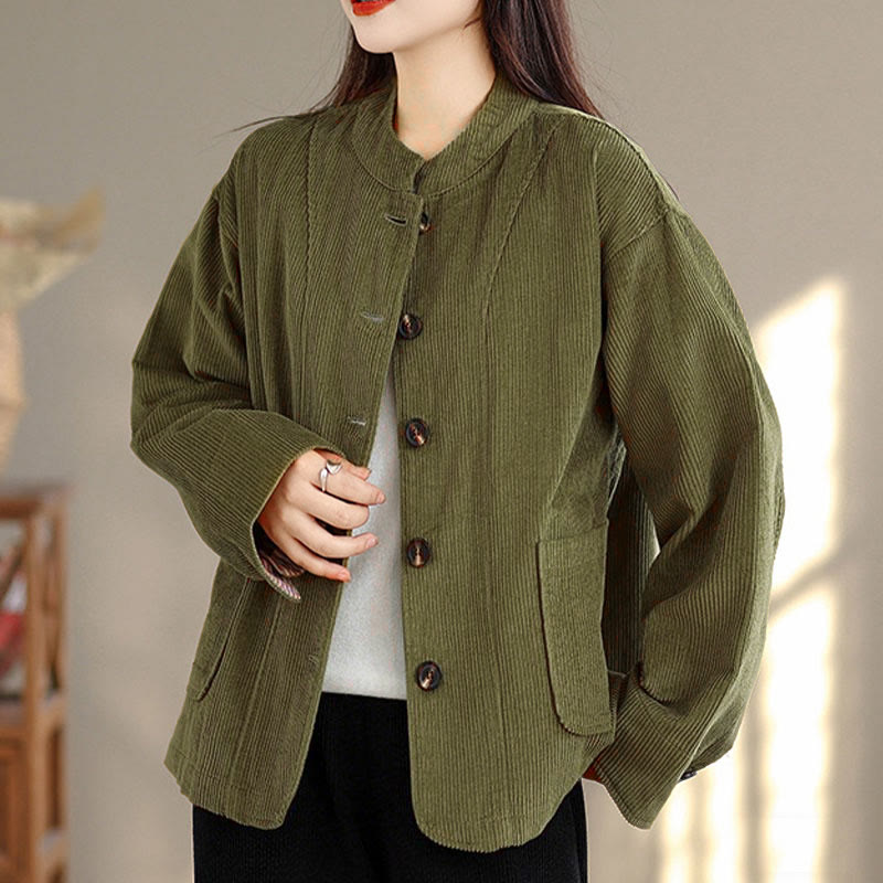 Chaqueta de pana de manga larga para mujer con diseño de botones y Buddha Stones y bolsillos - image 10