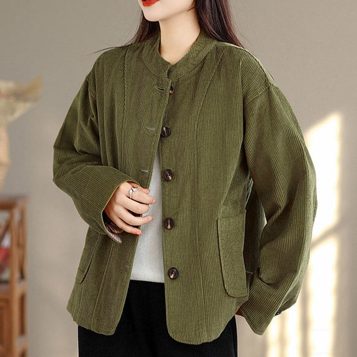 Chaqueta de pana de manga larga para mujer con diseño de botones y Buddha Stones y bolsillos - image 10