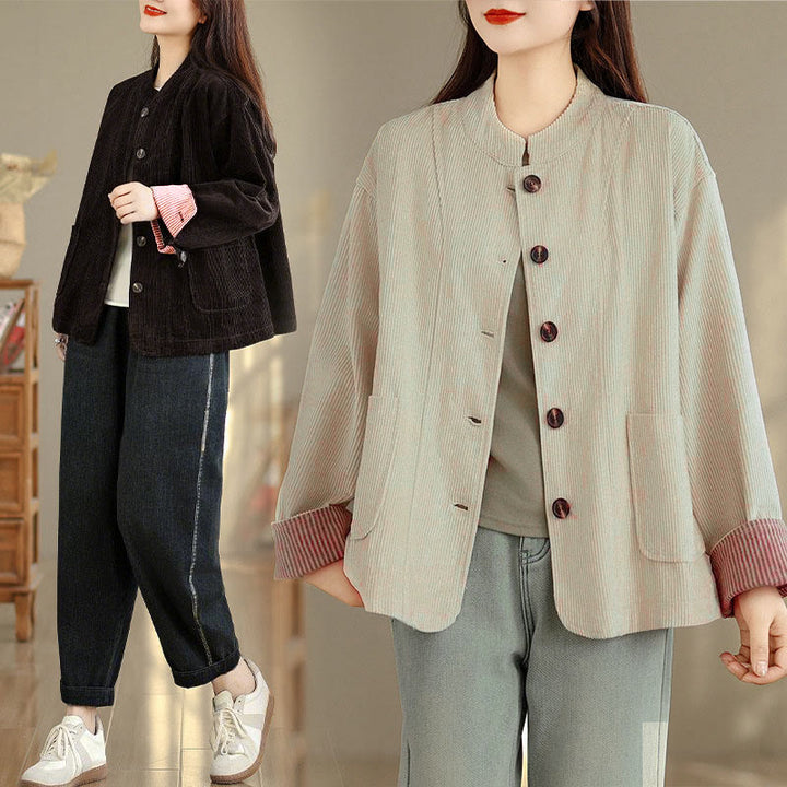 Chaqueta de pana de manga larga para mujer con diseño de botones y Buddha Stones y bolsillos - image 23