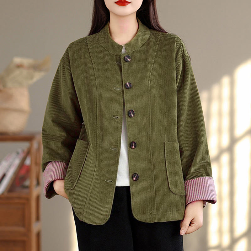 Chaqueta de pana de manga larga para mujer con diseño de botones y Buddha Stones y bolsillos - image 7