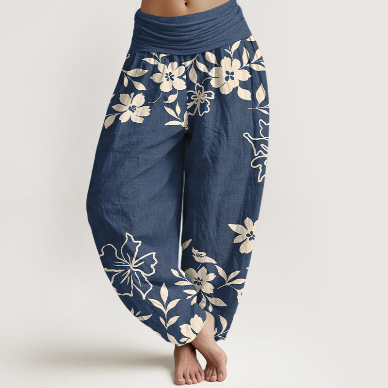 Pantalones Buddha Stones con estampado retro de flores y hojas para mujer, con cintura elástica - Azul acero - US16，UK/AU20，EU48 (3XL) - image 0