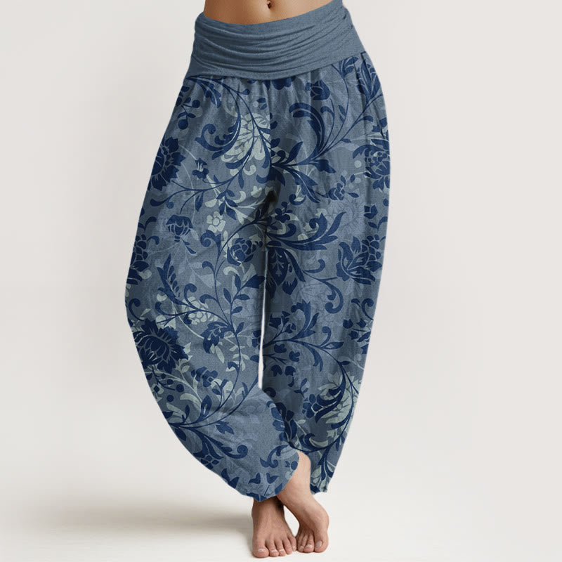 Pantalones harén de algodón con estampado floral de lujo y Buddha Stones para mujer, cintura elástica - Azul acero - US16，UK/AU20，EU48 (3XL) - image 8