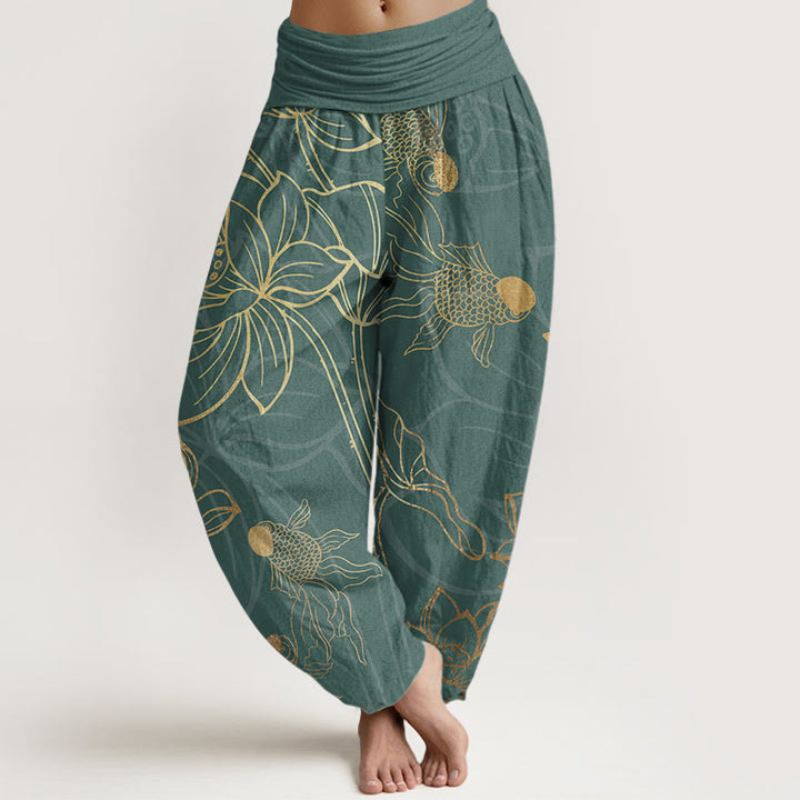 Pantalones bombachos de cintura elástica para mujer con estampado de hojas de loto, peces koi y piedras de Buddha Stones en algodón. - Cian oscuro - US22，UK/AU26，EU54 (6XL) - image 0