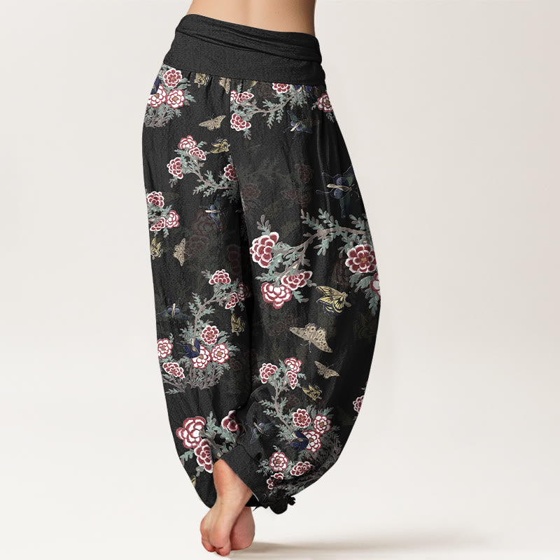 Pantalones harén de cintura elástica para mujer con estampado de flores, hojas y mariposas de algodón y Buddha Stones - image 1
