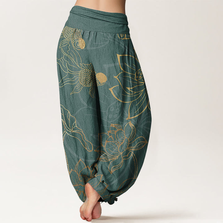 Pantalones bombachos de cintura elástica para mujer con estampado de hojas de loto, peces koi y piedras de Buddha Stones en algodón. - image 2