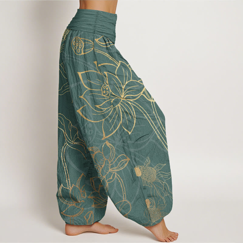 Pantalones bombachos de cintura elástica para mujer con estampado de hojas de loto, peces koi y piedras de Buddha Stones en algodón. - image 1