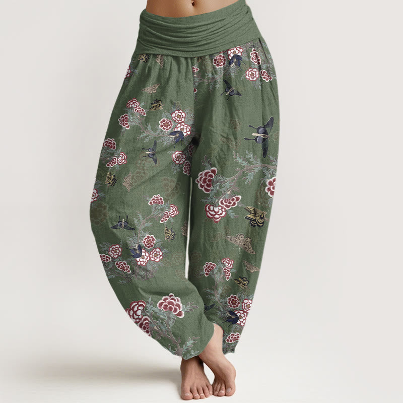 Pantalones harén de cintura elástica para mujer con estampado de flores, hojas y mariposas de algodón y Buddha Stones - Verdemar - US16，UK/AU20，EU48 (3XL) - image 5