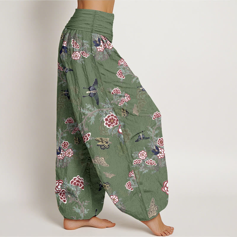 Pantalones harén de cintura elástica para mujer con estampado de flores, hojas y mariposas de algodón y Buddha Stones - image 7