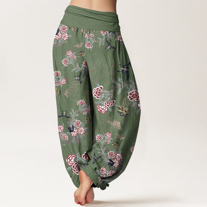 Pantalones harén de cintura elástica para mujer con estampado de flores, hojas y mariposas de algodón y Buddha Stones - image 6