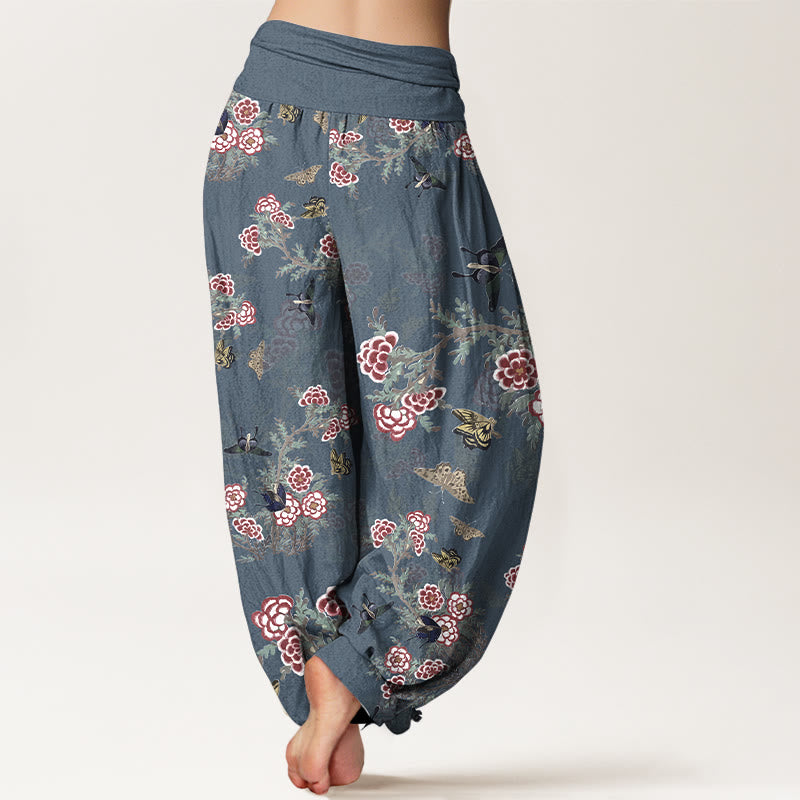 Pantalones harén de cintura elástica para mujer con estampado de flores, hojas y mariposas de algodón y Buddha Stones - image 9