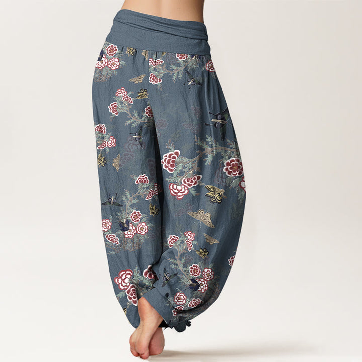 Pantalones harén de cintura elástica para mujer con estampado de flores, hojas y mariposas de algodón y Buddha Stones - image 9