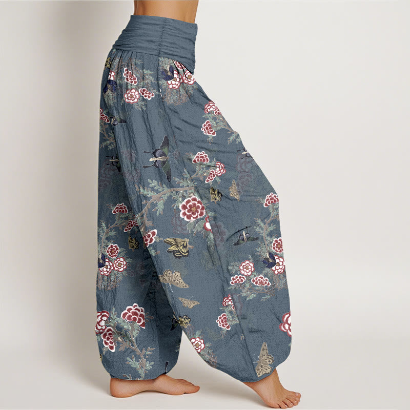 Pantalones harén de cintura elástica para mujer con estampado de flores, hojas y mariposas de algodón y Buddha Stones - image 10