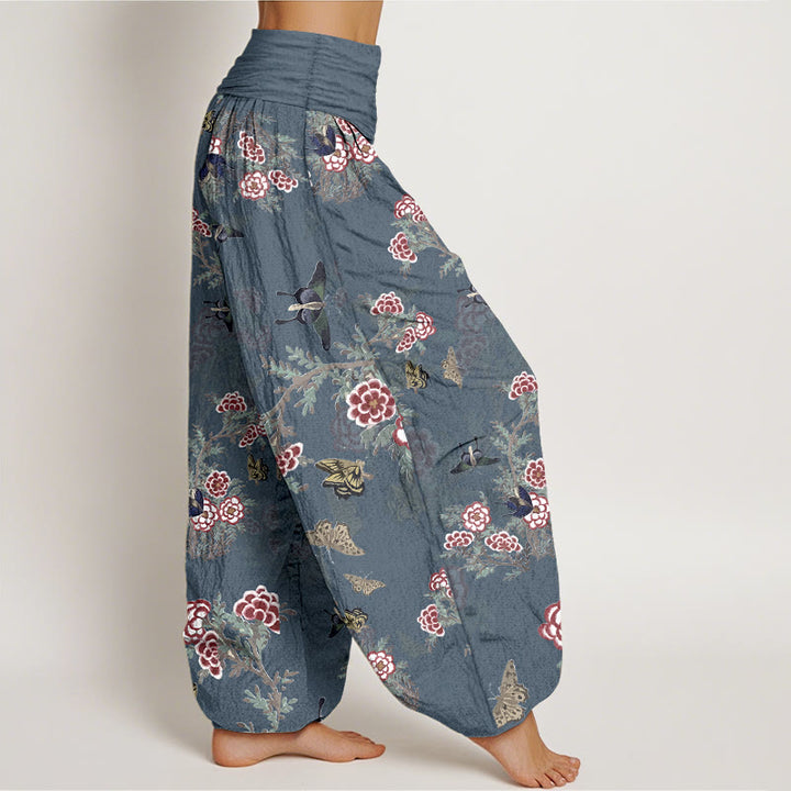 Pantalones harén de cintura elástica para mujer con estampado de flores, hojas y mariposas de algodón y Buddha Stones - image 10