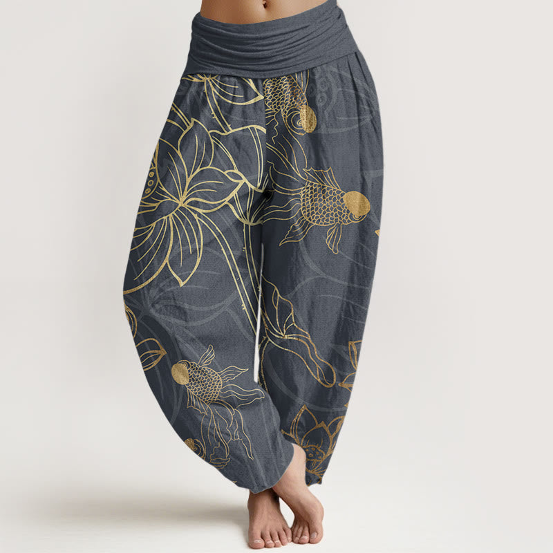 Pantalones bombachos de cintura elástica para mujer con estampado de hojas de loto, peces koi y piedras de Buddha Stones en algodón. - Gris oscuro - US22，UK/AU26，EU54 (6XL) - image 4