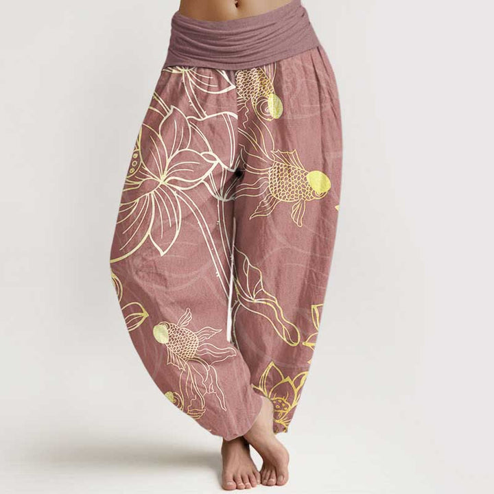 Pantalones bombachos de cintura elástica para mujer con estampado de hojas de loto, peces koi y piedras de Buddha Stones en algodón. - Violeta pálido rojo - US22，UK/AU26，EU54 (6XL) - image 13