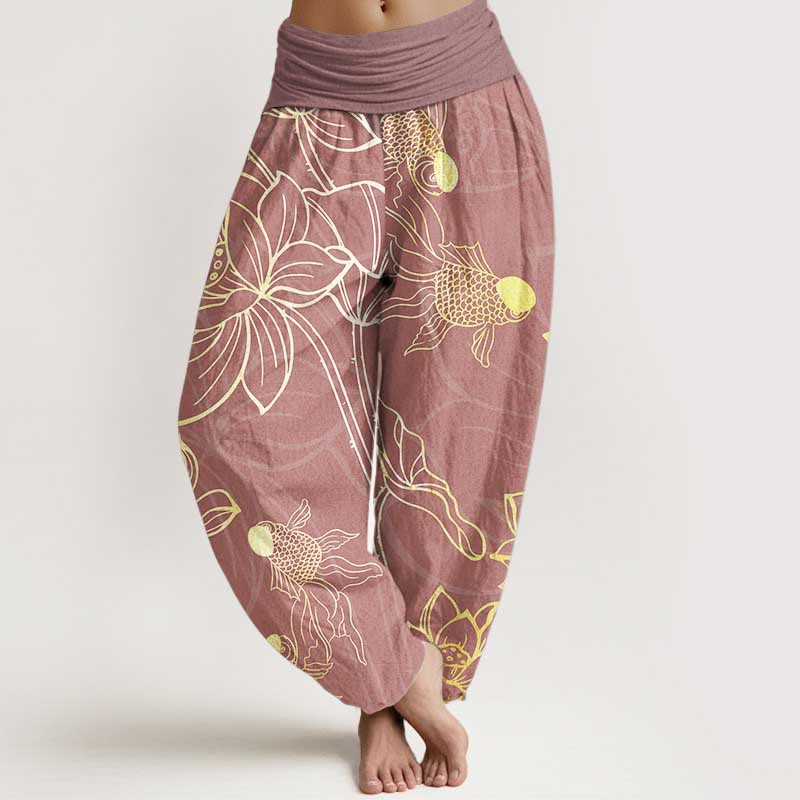 Pantalones bombachos de cintura elástica para mujer con estampado de hojas de loto, peces koi y piedras de Buddha Stones en algodón. - Rojo violeta pálido - US22，UK/AU26，EU54 (6XL) - image 13