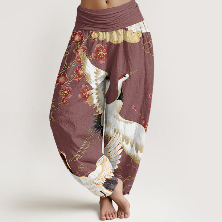 Pantalones Buddha Stones de algodón puro con diseño de grullas, flores y nubes auspiciosas para mujer, con cintura elástica - Violeta medio rojo - US22，UK/AU26，EU54 (6XL) - image 5