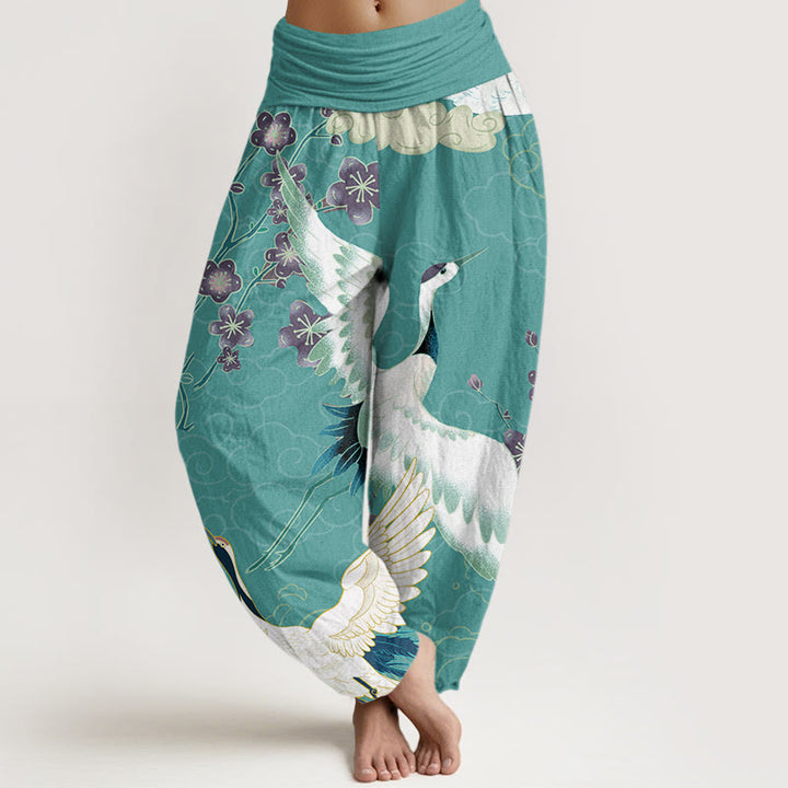 Pantalones Buddha Stones de algodón puro con diseño de grullas, flores y nubes auspiciosas para mujer, con cintura elástica - Turquesa medio - US22，UK/AU26，EU54 (6XL) - image 8