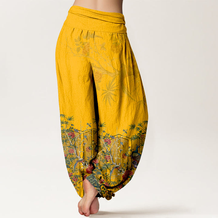 Pantalones Buddha Stones de algodón con estampado de flores de pavo real y cintura elástica para mujer - image 1