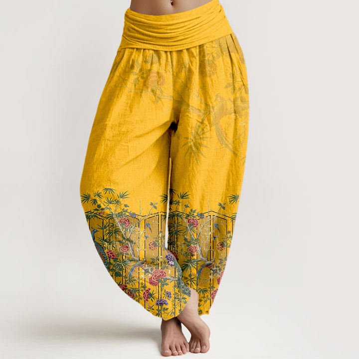 Pantalones Buddha Stones de algodón con estampado de flores de pavo real y cintura elástica para mujer - Oro - US16，UK/AU20，EU48 (3XL) - image 0