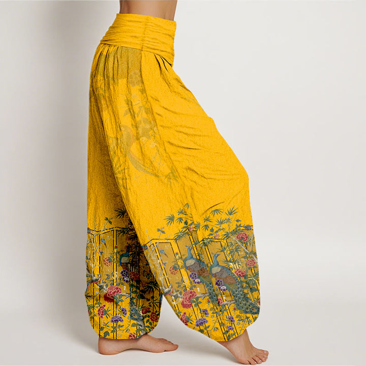 Pantalones Buddha Stones de algodón con estampado de flores de pavo real y cintura elástica para mujer - image 2