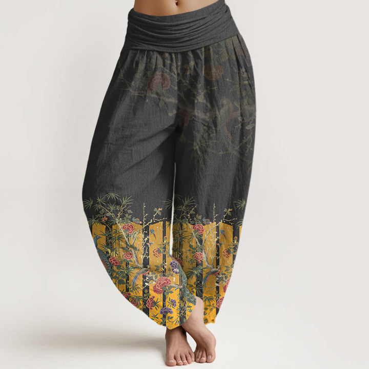 Pantalones Buddha Stones de algodón con estampado de flores de pavo real y cintura elástica para mujer - Negro - US16，UK/AU20，EU48 (3XL) - image 5