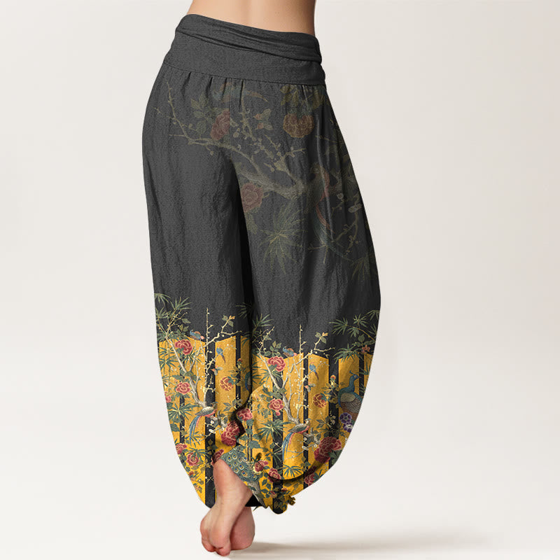Pantalones Buddha Stones de algodón con estampado de flores de pavo real y cintura elástica para mujer - image 6