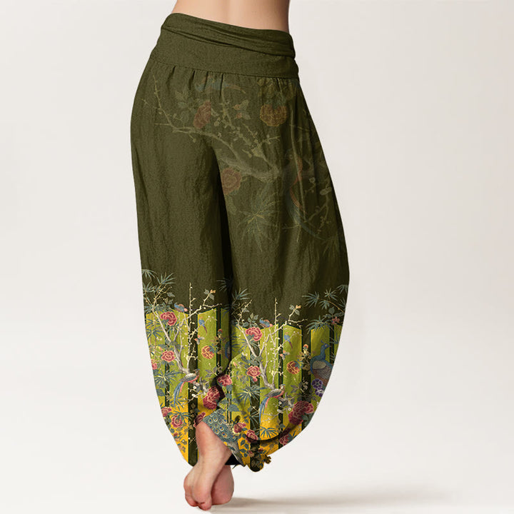 Pantalones Buddha Stones de algodón con estampado de flores de pavo real y cintura elástica para mujer - image 9