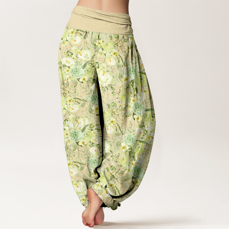 Pantalones harén de algodón con estampado floral pastoral de Buddha Stones para mujer, cintura elástica - image 1