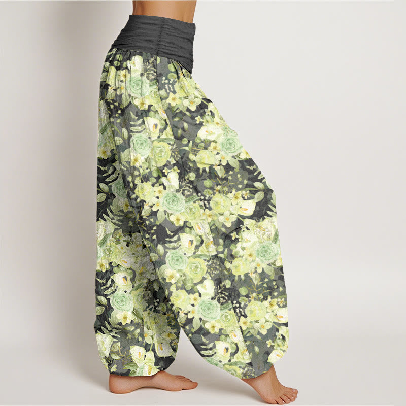 Pantalones harén de algodón con estampado floral pastoral de Buddha Stones para mujer, cintura elástica - image 10