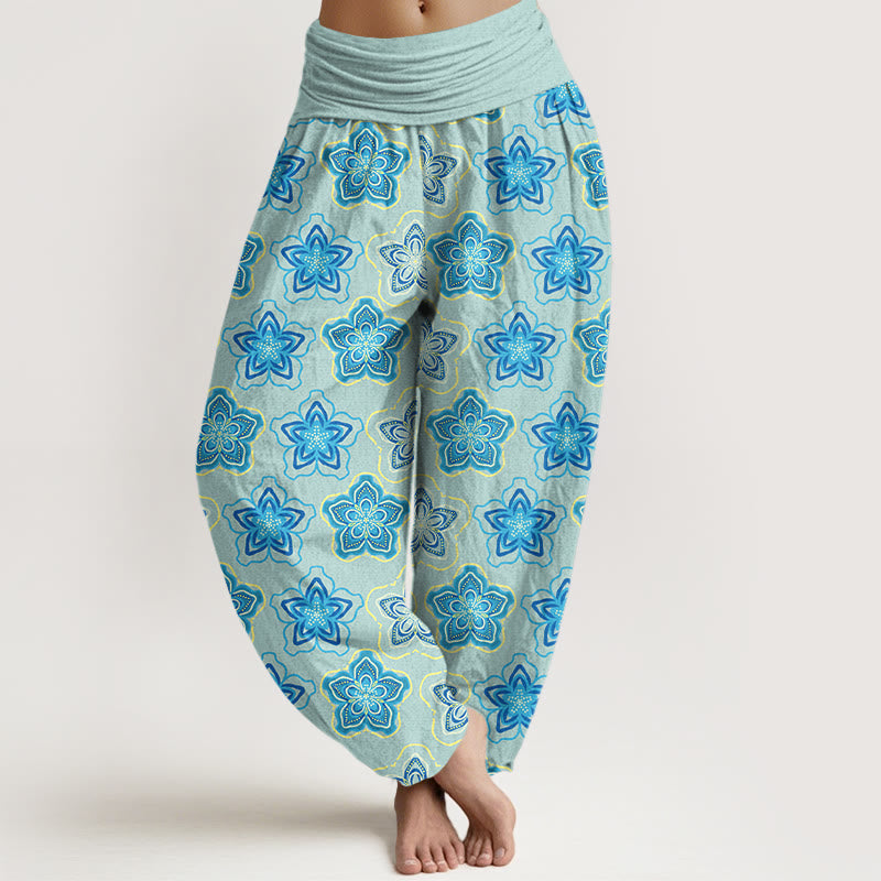 Pantalones Buddha Stones de algodón con diseño regular de flores de cinco pétalos y cintura elástica para mujer - Azul cielo claro - US16，UK/AU20，EU48 (3XL) - image 0
