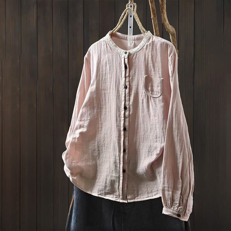 Buddha Stones Camisa de algodón de manga larga con botones y cuello de encaje para mujer, primavera y otoño - Rosa claro - US6, UK/AU10, EU38 (L) - image 2