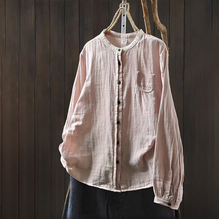 Buddha Stones Camisa de algodón de manga larga con botones y cuello de encaje para mujer, primavera y otoño - Rosa claro - US6, UK/AU10, EU38 (L) - image 2