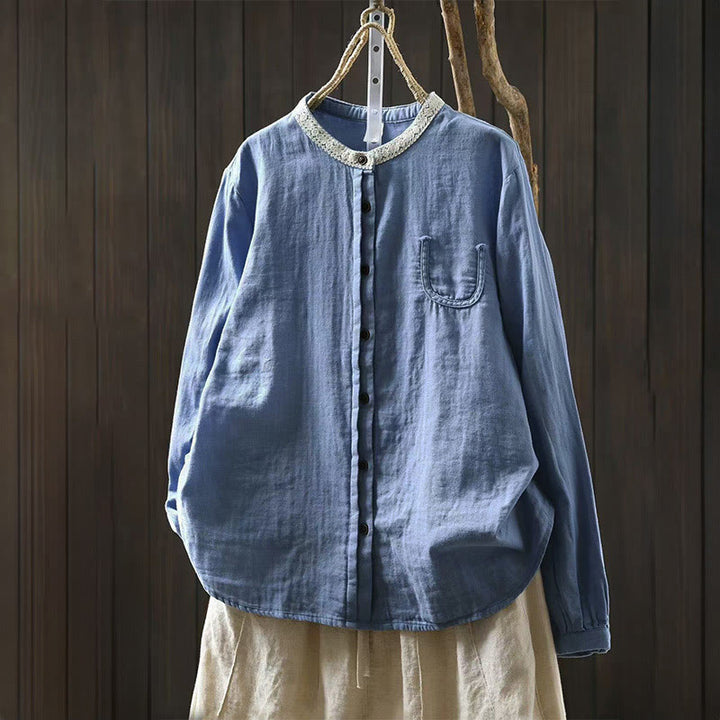 Buddha Stones Camisa de algodón de manga larga con botones y cuello de encaje para mujer, primavera y otoño - Azul cielo claro - US6, UK/AU10, EU38 (L) - image 0