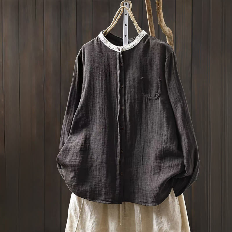 Buddha Stones Camisa de algodón de manga larga con botones y cuello de encaje para mujer, primavera y otoño - Gris oscuro - US6, UK/AU10, EU38 (L) - image 16