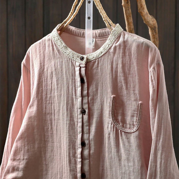 Buddha Stones Camisa de algodón de manga larga con botones y cuello de encaje para mujer, primavera y otoño - image 5