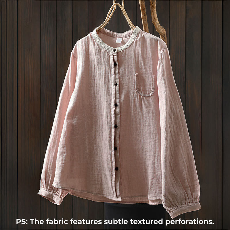 Buddha Stones Camisa de algodón de manga larga con botones y cuello de encaje para mujer, primavera y otoño - image 3