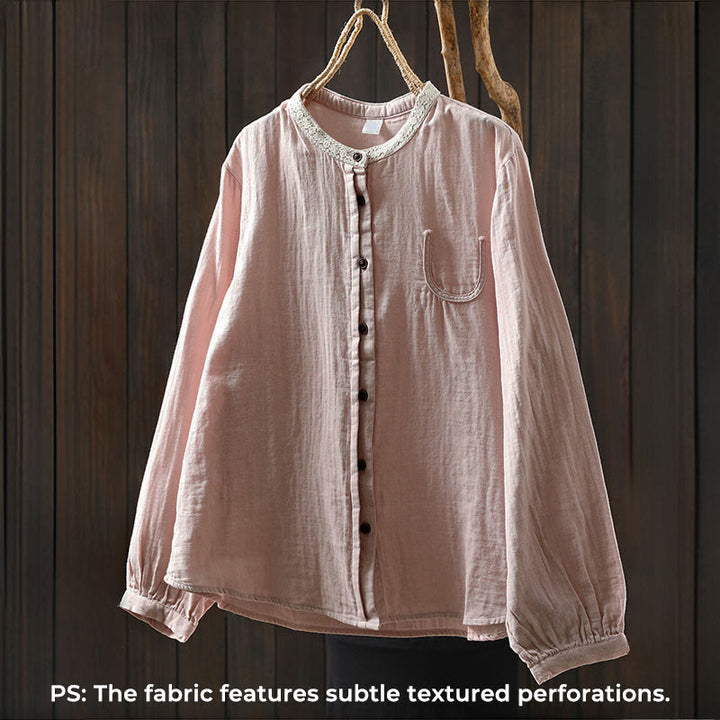 Buddha Stones Camisa de algodón de manga larga con botones y cuello de encaje para mujer, primavera y otoño - image 3