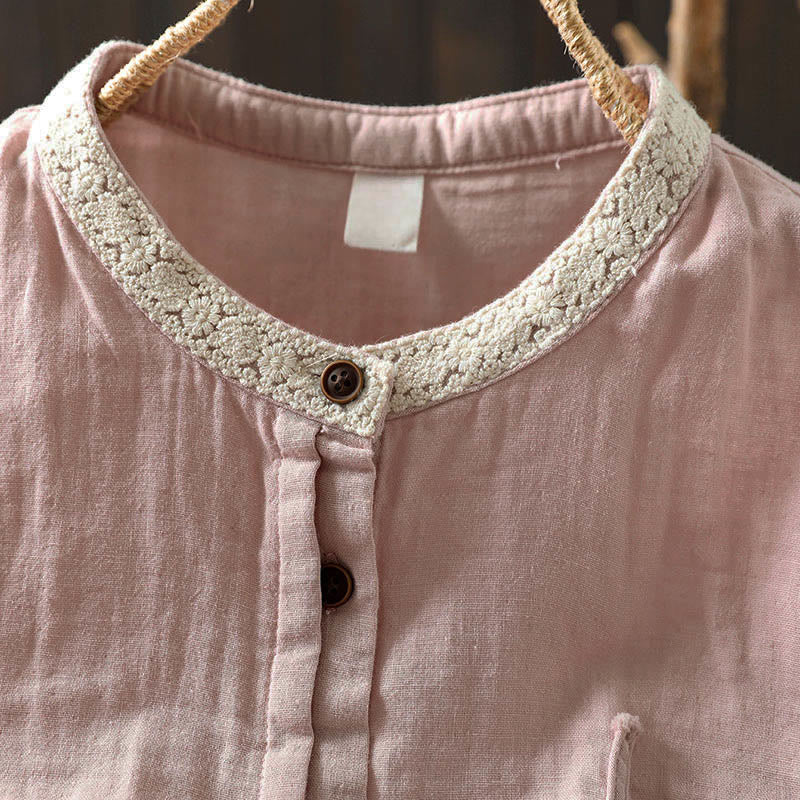Buddha Stones Camisa de algodón de manga larga con botones y cuello de encaje para mujer, primavera y otoño - image 8