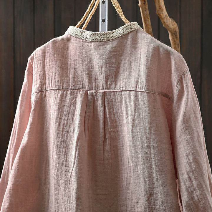 Buddha Stones Camisa de algodón de manga larga con botones y cuello de encaje para mujer, primavera y otoño - image 6