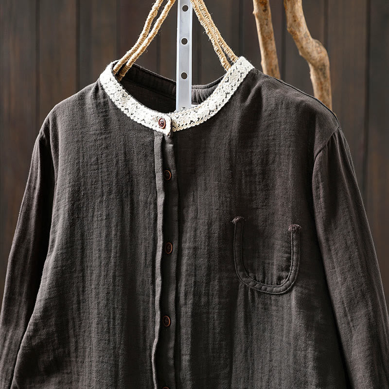 Buddha Stones Camisa de algodón de manga larga con botones y cuello de encaje para mujer, primavera y otoño - image 17