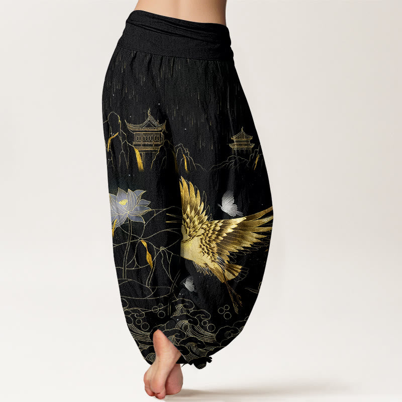 Pantalones harén de cintura elástica para mujer con diseño de grulla de algodón y pabellón de montaña de loto y Buddha Stones - image 1