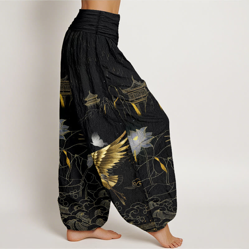 Pantalones harén de cintura elástica para mujer con diseño de grulla de algodón y pabellón de montaña de loto y Buddha Stones - image 2