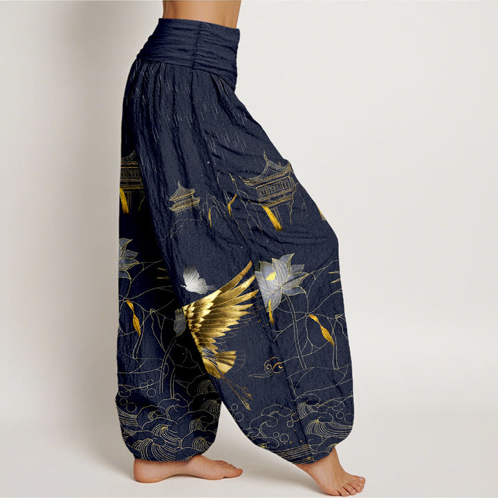Pantalones harén de cintura elástica para mujer con diseño de grulla de algodón y pabellón de montaña de loto y Buddha Stones - image 7