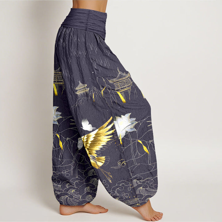 Pantalones harén de cintura elástica para mujer con diseño de grulla de algodón y pabellón de montaña de loto y Buddha Stones - image 10