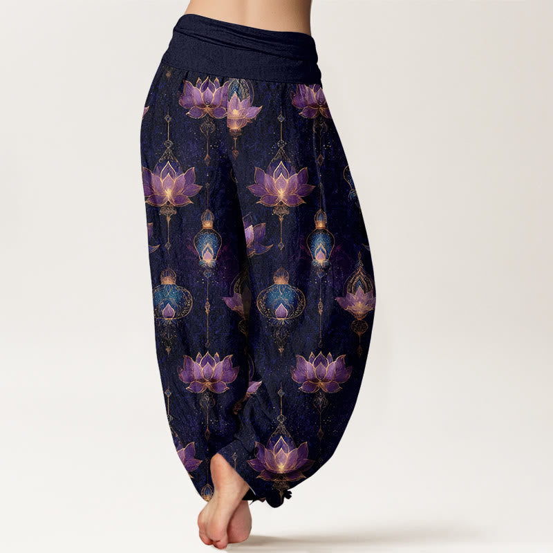 Pantalones harén de algodón con estampado de linternas de loto y Buddha Stones para mujer, cintura elástica - image 1