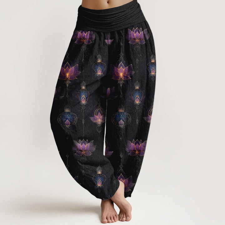 Pantalones harén de algodón con estampado de linternas de loto y Buddha Stones para mujer, cintura elástica - Negro - US16，UK/AU20，EU48 (3XL) - image 8