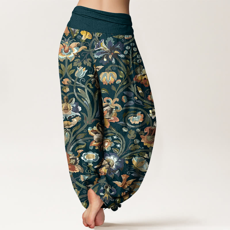Pantalones Buddha Stones con estampado retro de flores, vides y pájaros para mujer, con cintura elástica - image 1